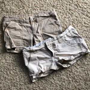 Two dark and light khaki shorts